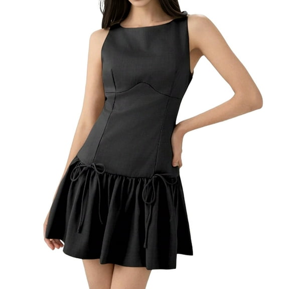 Women'S Sleeveless Pleated Dress Mini Dress A Line Solid Color Round Neck Girdling Feature Bow- Zipper Back Black XS