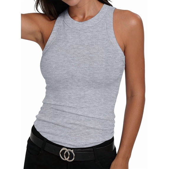 Women'S Sleeveless Racerback High Neck Casual Basic Ribbed Fitted Tank Top Flower Gray L