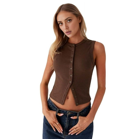 Women'S Sleeveless Round Neck Slim Fit Ribbed Button Vest Coffee L