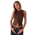 thumbnail image 1 of Osfvolr Women'S Sleeveless Round Neck Slim Fit Ribbed Button Vest Coffee M, 1 of 9