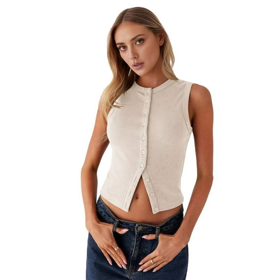 Women'S Sleeveless Round Neck Slim Fit Ribbed Button Vest apricot L