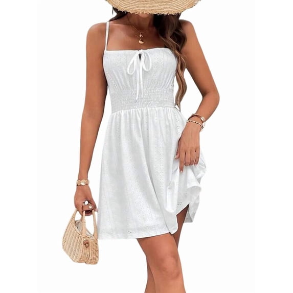 Women'S Sleeveless Ruched Bust Eyelet Embroidery Flared -Dresses White XL