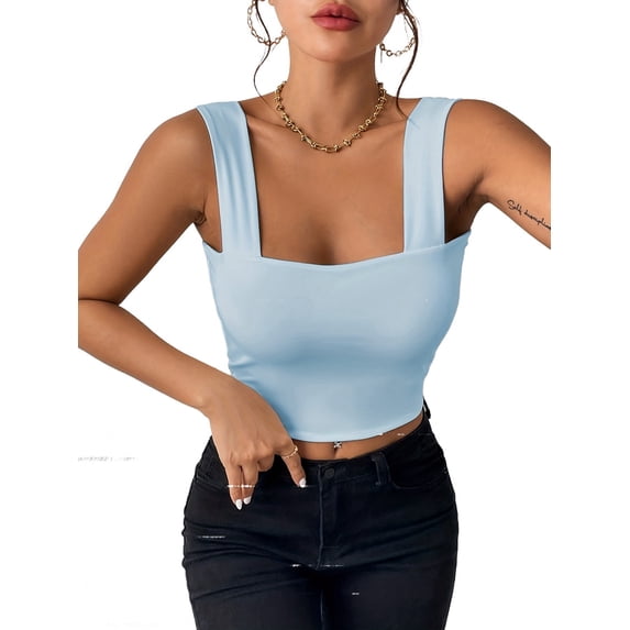 Women'S Sleeveless Skinny Basic Strappy Crop Tank Tops 2025 Lake Blue M