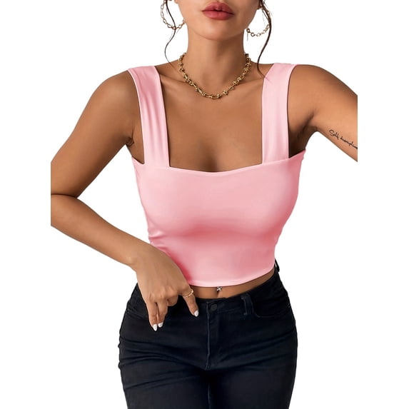 Women'S Sleeveless Skinny Basic Strappy Crop Tank Tops 2025 Pink L