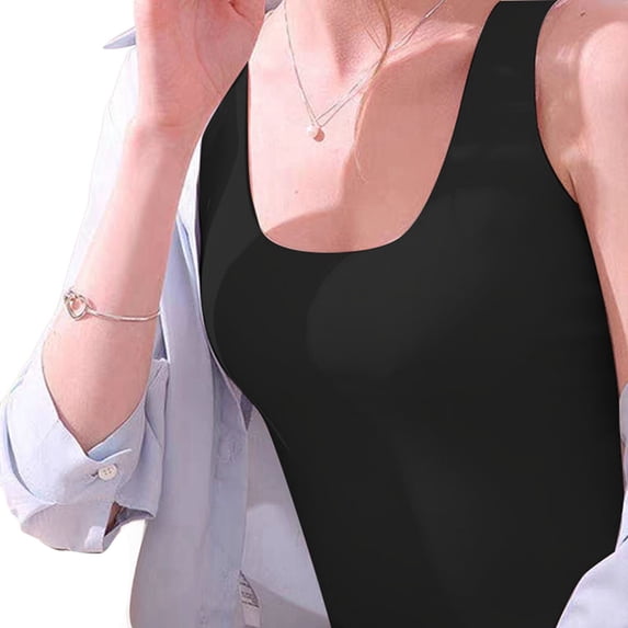 Women'S Sleeveless Square Neck Tank Top Double Layer Basic Crop Tops Summer Fitness Workout Casual Tops Black L