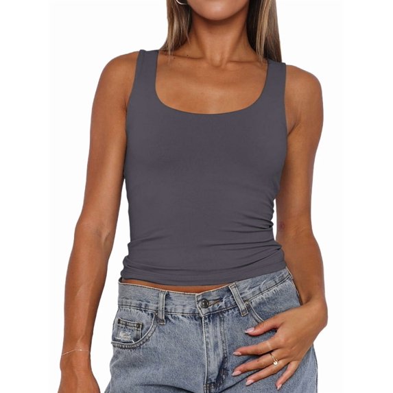 Women'S Sleeveless Square Neck Tank Top Double Layer Basic Crop Tops Summer Fitness Workout Casual Tops Grey M