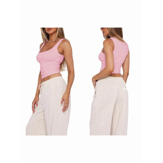 Women'S Sleeveless Square Neck Tank Top Double Layer Basic Crop Tops Summer Workout Casual Tops Pink S