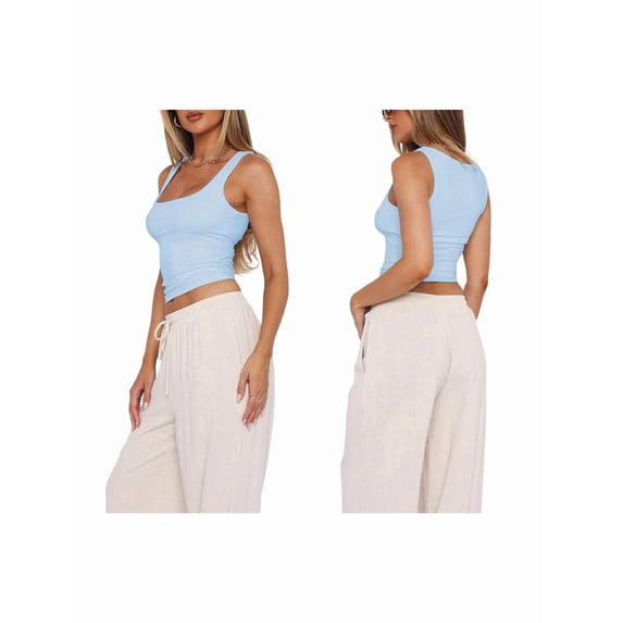 Women'S Sleeveless Square Neck Tank Top Double Layer Basic Crop Tops Summer Workout Casual Tops XS