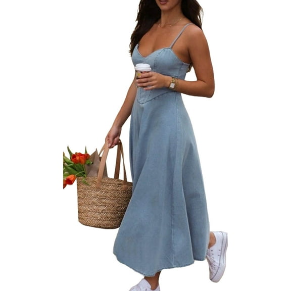 Women'S Sleeveless Strapless Slim Fit Denim Dress 2025 Flowy Jean Dress Blue L