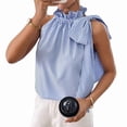 thumbnail image 1 of Women'S Sleeveless Stripe Stand Collar Tie Front Ruffle Detail Ribbon Strap Tank Top M, 1 of 9