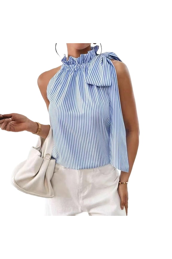 Women'S Sleeveless Stripe Stand Collar Tie Front Ruffle Detail Ribbon Strap Tank Top S