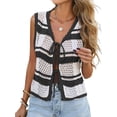 thumbnail image 1 of Women'S Sleeveless Striped Sweater Vest V Neck Tie Front Crochet Knit Tank Tops Black L, 1 of 9