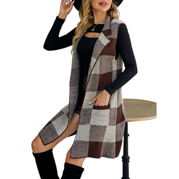 Women'S Sleeveless Suit Collar Long Coat Plaid Jacquard Knitted Vest with Cardigan Brown S