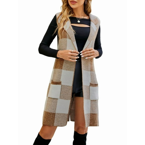 Women'S Sleeveless Suit Collar Long Coat Plaid Jacquard Knitted Vest with Cardigan Gray L