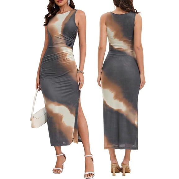 Women'S Sleeveless Summer Wedding Guest Dress Bodycon Floral Mesh Ruched Cocktail Maxi Dresses Dark Brown M