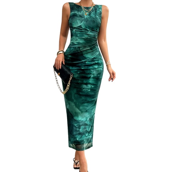 Women'S Sleeveless Summer Wedding Guest Dress Bodycon Floral Mesh Ruched Cocktail Maxi Dresses Dark Green L