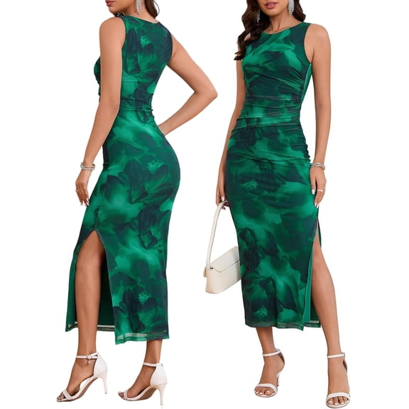 Women'S Sleeveless Summer Wedding Guest Dress Bodycon Floral Mesh Ruched Cocktail Maxi Dresses Emerald Green L