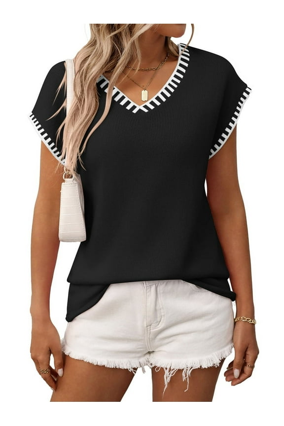 Women'S Sleeveless Sweater Casual V Neck Cap Sleeve Knit Pullover Tank Tops Black L