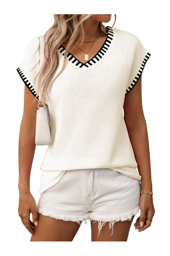 Women'S Sleeveless Sweater Casual V Neck Cap Sleeve Knit Pullover Tank Tops Creamy White L