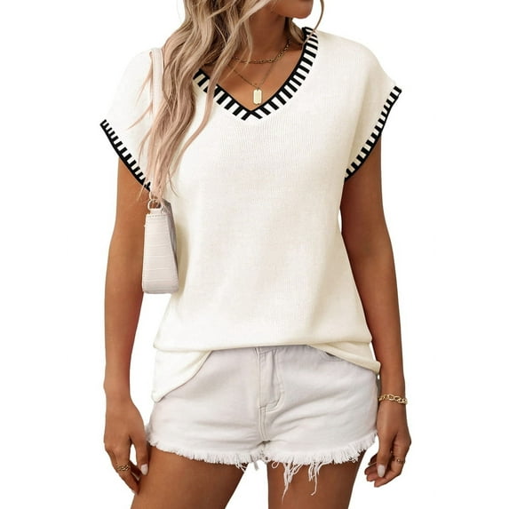 Women'S Sleeveless Sweater Casual V Neck Cap Sleeve Knit Pullover Tank Tops Creamy White L