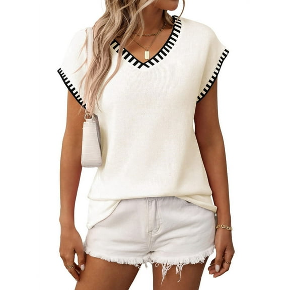 Women'S Sleeveless Sweater Casual V Neck Cap Sleeve Knit Pullover Tank Tops Creamy White S