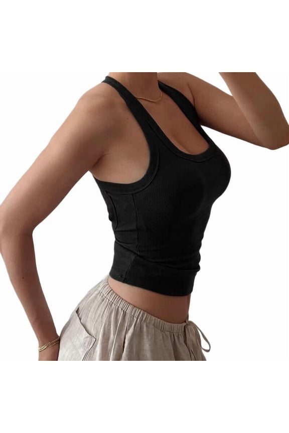 Women'S Sleeveless Tank Top Form Fitting Scoop Neck Ribbed Knit Basic Shirts Black L