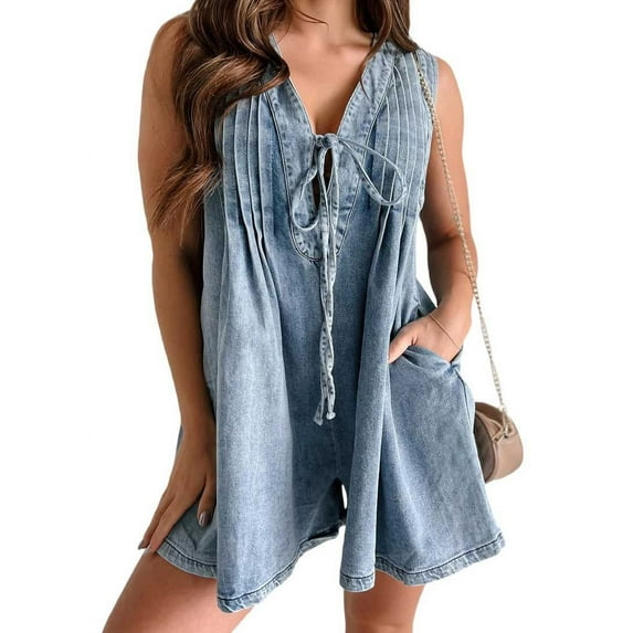 Women'S Sleeveless V Neck Shorts Denim Romper Tie Front Ruffle Jean Short Overall with Pocket Light Blue S