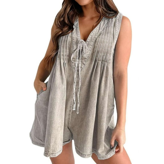 Women'S Sleeveless V Neck Shorts Denim Romper Tie Front Ruffle Jean Short Overall with Pocket Light Gray S