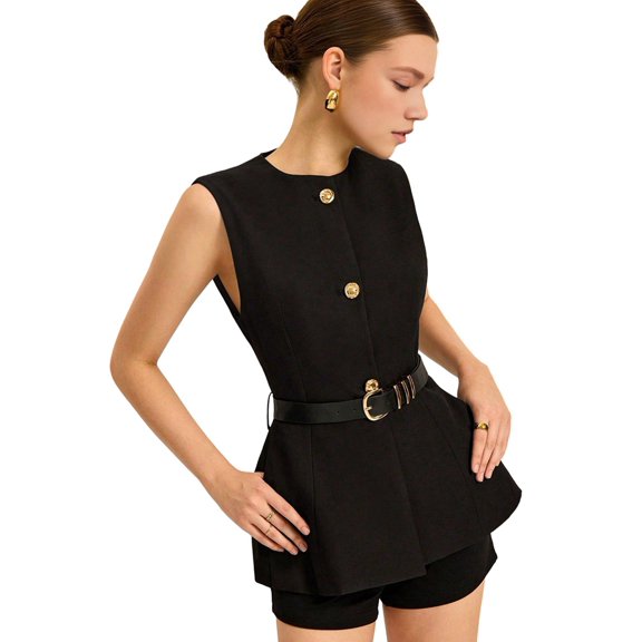 Women'S Sleeveless - Vest Summer Trendy Button Down Business Suit Vest Tops Outerwear Waistcoat Black M