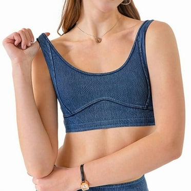 Women'S Slim Cropped Denim Vest Stretchy Scoop Neck Pullover Jean Sports Bra Tank Top Deep Blue XXL