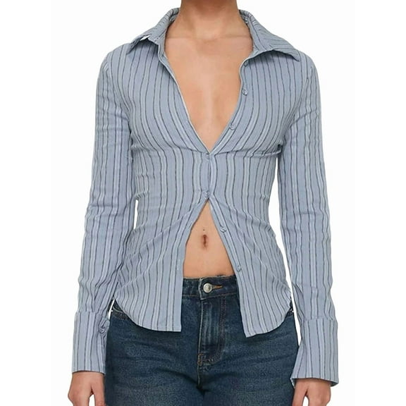 Women'S Slim Fit Blue Striped Long Sleeve V-Neck Button Down Work Blouse Casual Lapel Short Tops S