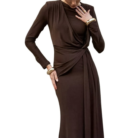 Women'S Slim-Fit Maxi Dress with Long Sleeves, Round Neck, Hip-Hugging Maxi Cocktail Dress Brown L