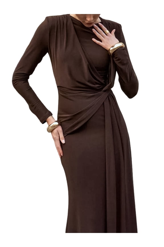 Women'S Slim-Fit Maxi Dress with Long Sleeves, Round Neck, Hip-Hugging Maxi Cocktail Dress Brown S