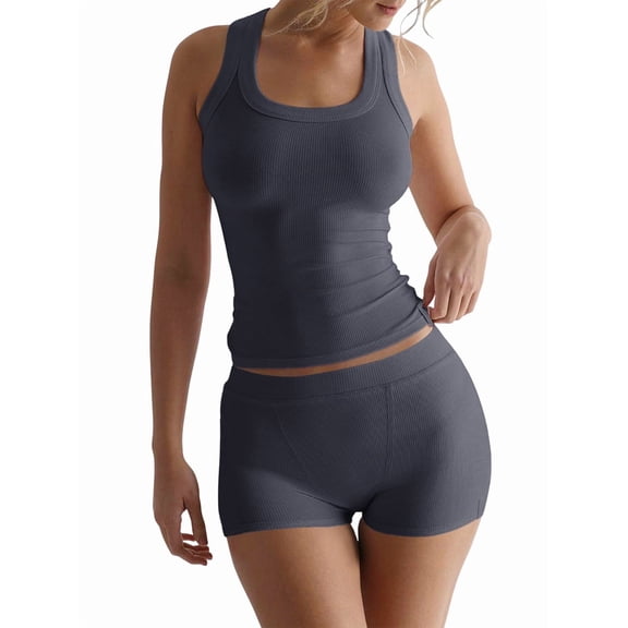 Women'S Slim Fit Sports Shorts Set Sleeveless Top and Shorts Dark Gray M
