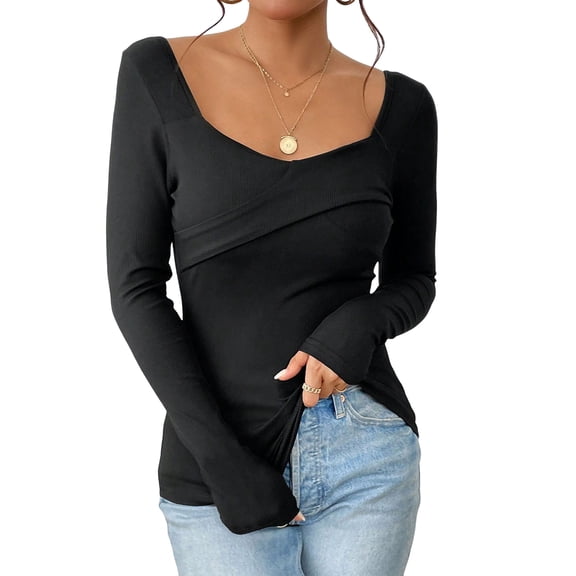 Women'S Slim Fit Square Neck Backless Long Sleeve Knit Top Designed Ribbed Casual T-Shirt