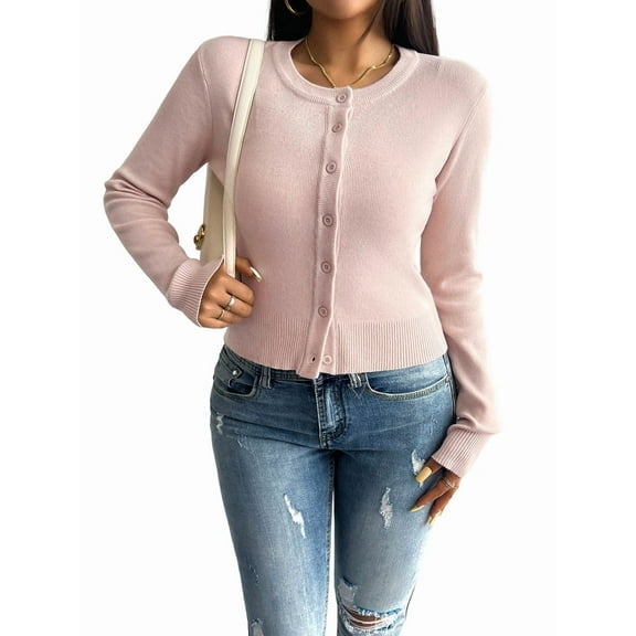 Women'S Slim Fitted Round Neck Cardigan Sweater Button Down Basic Knit Outerwear Apricot S