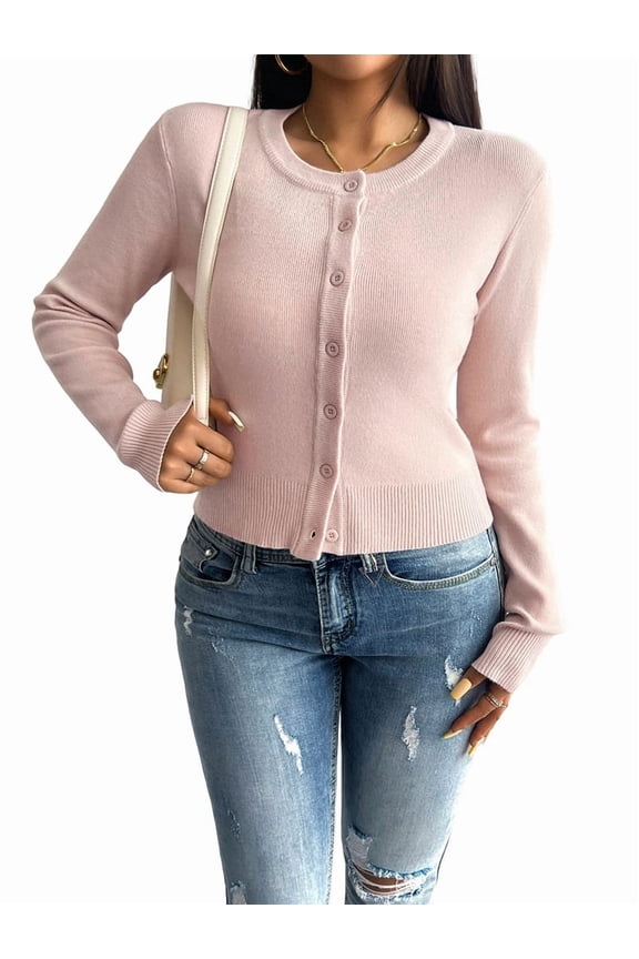 Women'S Slim Fitted Round Neck Cardigan Sweater Button Down Basic Knit Outerwear Apricot S