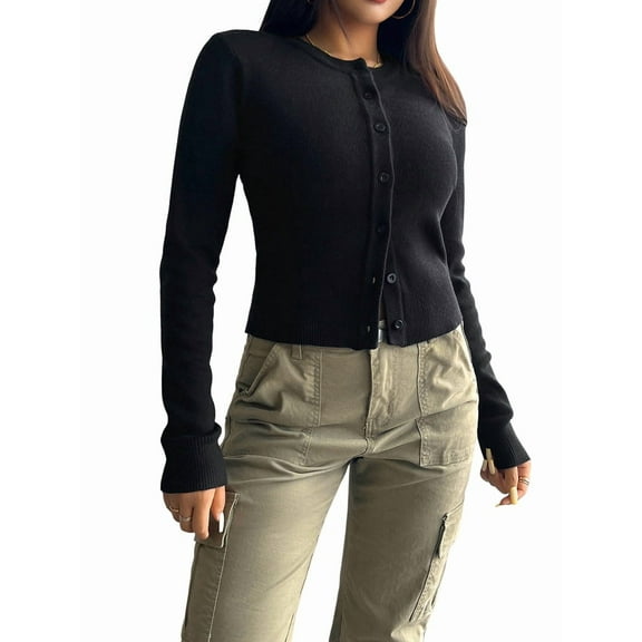 Women'S Slim Fitted Round Neck Cardigan Sweater Button Down Basic Knit Outerwear Black M