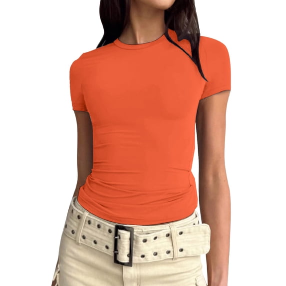 Women’S Slim Tops Long Sleeve Round Neck Crop Top Tee Shirt Basic Solid Tight Slim Fit Cropped Shirt Workout Yoga