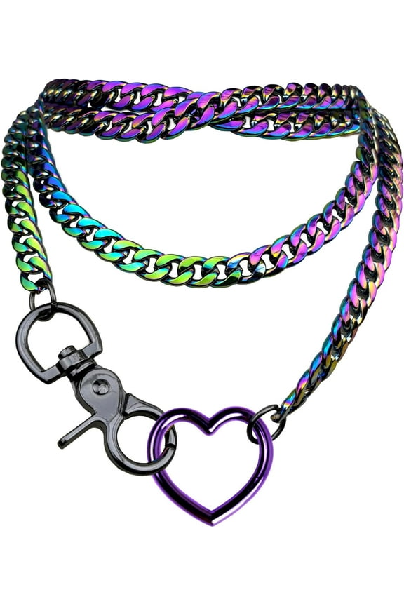 Women'S Slip Chain Rainbow Heart O-Ring Chunky Chain Necklace, Rays Cuban Long Layered Jewelry, Adjustable Lariat Y-Necklace Heart Loop Choker[o6324]