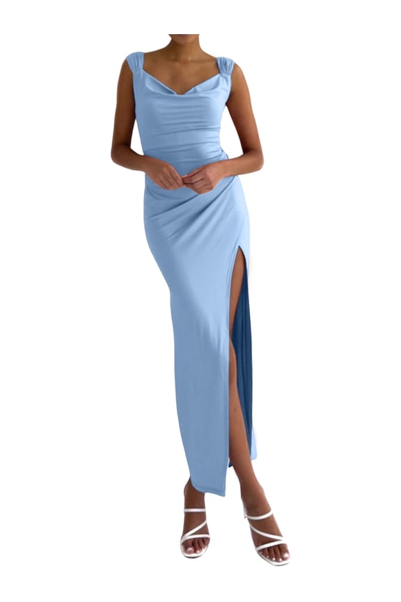 Women'S Slip Long Dress Cowl Neck Backless Ruched Bodycon Side Split Cocktail Party Night Out Dress Blue L