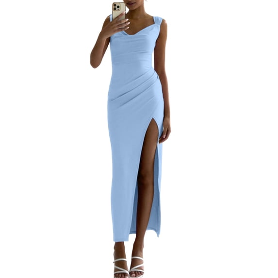 Women'S Slip Long Dress Cowl Neck Backless Ruched Bodycon Side Split Cocktail Party Night Out Dress Blue L