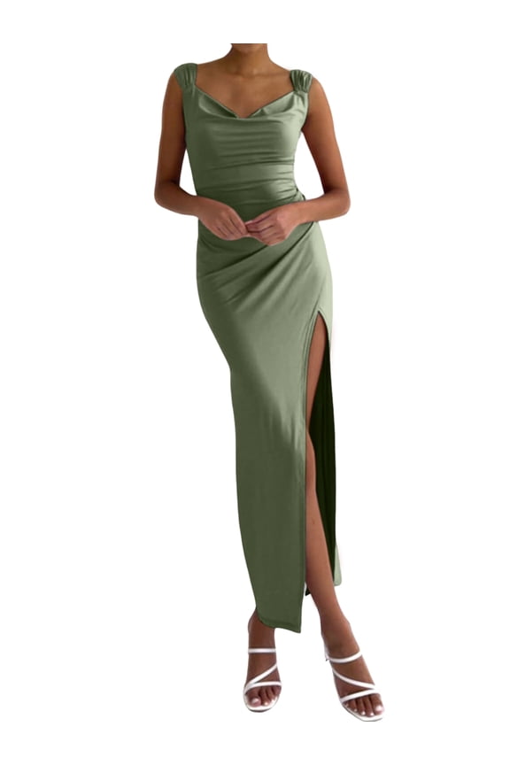 Women'S Slip Long Dress Cowl Neck Backless Ruched Bodycon Side Split Cocktail Party Night Out Dress Green M