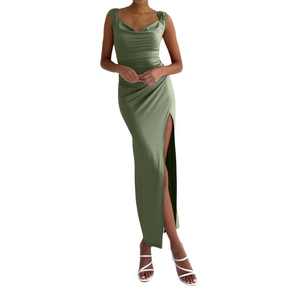 Women'S Slip Long Dress Cowl Neck Backless Ruched Bodycon Side Split Cocktail Party Night Out Dress Green XS