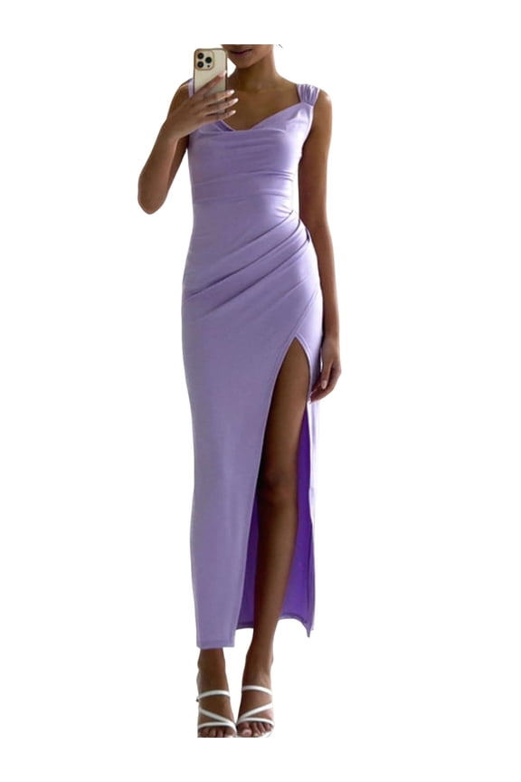 Women'S Slip Long Dress Cowl Neck Backless Ruched Bodycon Side Split Cocktail Party Night Out Dress L