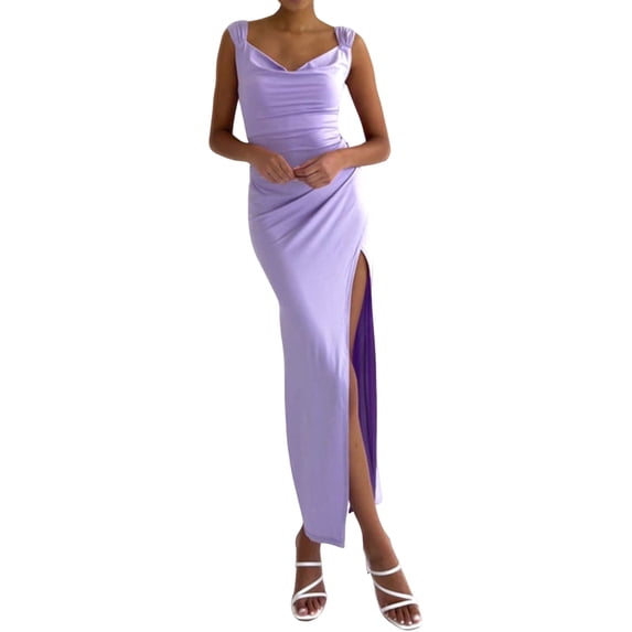 Women'S Slip Long Dress Cowl Neck Backless Ruched Bodycon Side Split Cocktail Party Night Out Dress L