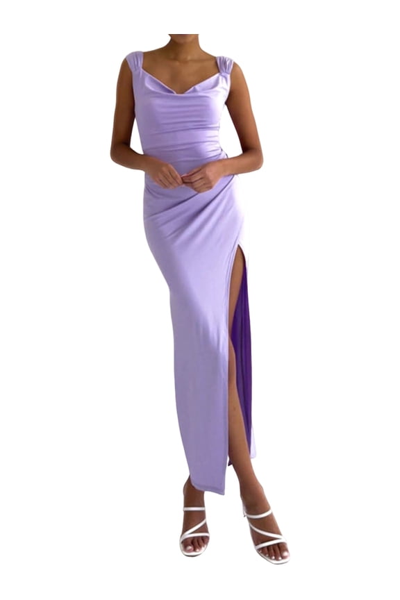 Women'S Slip Long Dress Cowl Neck Backless Ruched Bodycon Side Split Cocktail Party Night Out Dress S