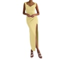 thumbnail image 1 of Women'S Slip Long Dress Cowl Neck Backless Ruched Bodycon Side Split Cocktail Party Night Out Dress Yellow M, 1 of 9