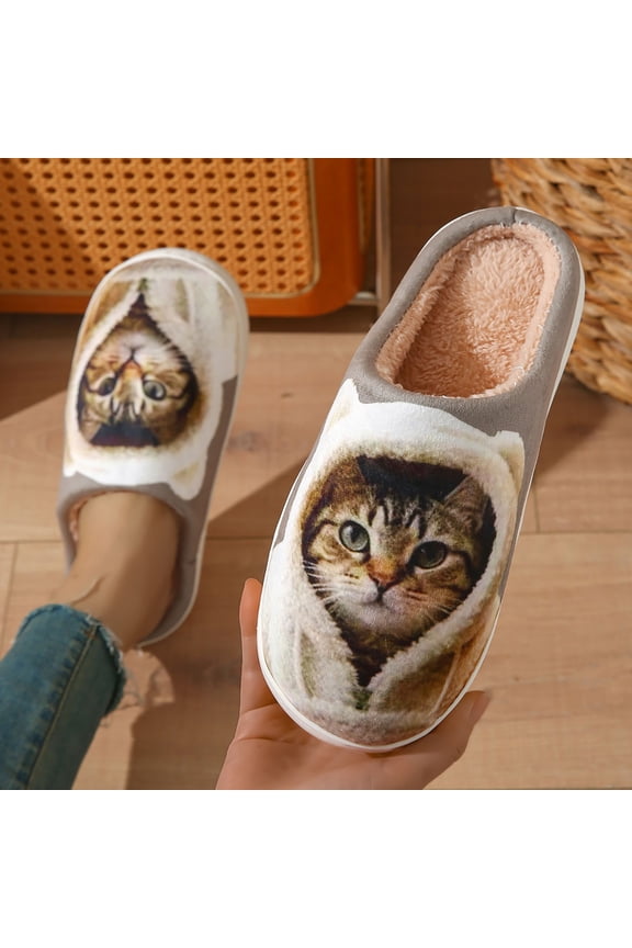 Women'S Slipper 3D Cat Pattern Indoor Outdoor House Slipper Fuzzy Fluffy House Shoes Comfort And Cozy Home Wear Funny Flat Slides Grey US: 6-6.5