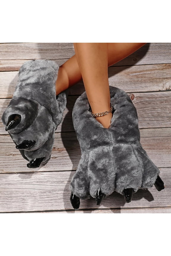 Women'S Slipper Animal Paws Indoor Outdoor House Slipper Fuzzy Fluffy House Shoes Slip On Comfort Footwear Funny Flat Slides Grey US: 9.5